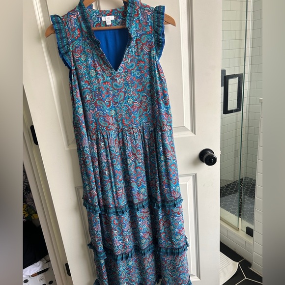 EUC J Jill blue/teal paisley dress. Size Small. Ruffles. Lightweight and flowy - Picture 10 of 12